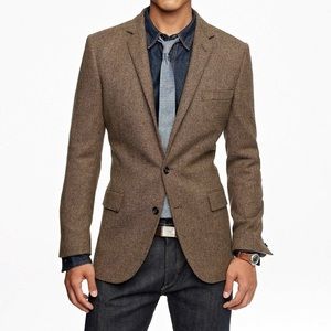 J Crew mens 100% wool brown herringbone tweed jacket blazer / sport coat
